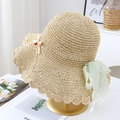 Detail of hand-woven beige straw hat with cherry bow and green plaid lace ribbon - Beige with Green Ribbon