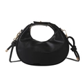 Minimalist black crescent handbag with gold hardware and knotted shoulder strap details - Black