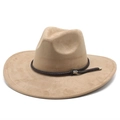 Detail of khaki faux suede fedora hat with a brown braided rope band and silver accents - M (56-59cm) / Light Khaki Faux Suede