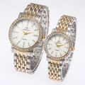 Montres de couple élégantes bicolores or et argent avec lunette en cristal et bracelet acier - Hommes Bicolore Blanc
