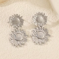 Silver vintage style layered sunflower drop earrings with a metallic finish and chic design - Sunflower Shape Pendant Style (11913) / Silver
