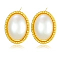 Elegant vintage oval pearl stud earrings with textured gold metal frame for women - Milky Pearl Vintage Gold Rim