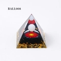 Orgonite pyramid with white sphere, mandala patterns, black stones, and gold foil base - Ball008