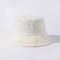 Detail shot of the white plush faux fur texture on a warm winter bucket hat for women - One Size (56-58cm/Adjustable) / White