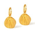 Gold-plated stainless steel hoop earrings with 3D textured shell pendant design - Shell Pendant Style (GE912)