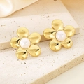 Detail of 18K gold stainless steel flower earrings with a pearl center on silk - Gold With Artificial Pearl (KE115792-GC)