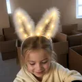 Serre-tête oreilles de lapin lumineux avec plumes blanches pour enfants, mode LED - Serre-tête oreilles de lapin / 14 LED blanc lumière chaude