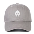 Macro detail of high-quality cotton baseball cap with embroidered spartan helmet logo - Gray / Adjustable