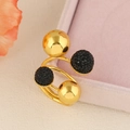 Adjustable gold brass ring with polished gold beads and black pavé spheres - Spiral Black Gold Ball