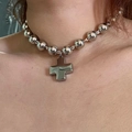 Hip-hop silver chunky bead chain necklace with large steel cross pendant on model - Ball Bead Cross Necklace (Silver)