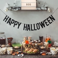 Halloween Party Dekoset mit Happy Halloween Banner und weißer BOO Leuchtbox Deko - Happy Halloween / Schwarzer Glitzer