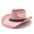 Pink woven straw cowboy hat with ethnic style band and wide brim for sun protection - M (56-58cm) / Rose Red and Pink
