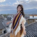 Bohemian knit poncho in beige with colorful ethnic patterns and fringed tassels - Ruffle 1# (Wine Red Yellow)