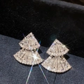 Detailed view of vintage bow pearl earrings with sparkling diamond-set fan design - 26# Silver Zirconia Triangle Fan Stud Earrings