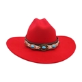 Sombrero vaquero rojo clásico de fieltro de lana con banda decorativa estilo étnico - Rojo