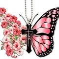 Adorno de acrílico mariposa cruz con ala floral rosa y texto Faith en cadena - Estilo Hibisco Rosa(2)