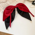Elegant red and black satin bow hair clip with white pearl accents on long tails - Red & Black (Satin Pearl Large Bow Spring Clip)