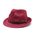 Fuchsia gestrickter Fedora Hut mit braunem Lederband und antiker Bronzeschnalle - M (56-58cm) / Rosarot