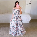 Off-shoulder white floral maxi dress with butterfly print and tiered ruffled skirt - S / Dresses / White Butterfly