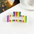 Square hair claw clip featuring vibrant rainbow stripes in a colorful dopamine style - Cream White Rainbow