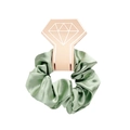Detail of light green satin scrunchie with smooth texture and pink diamond display card - With Card / Green
