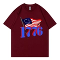 Oversized burgundy short sleeve T-shirt with vintage blue 1776 graphic and circle stars - Wine Red 317