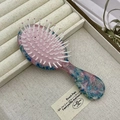 Mini marmeren acetaat haarborstel met roze luchtkussen en kleurrijke pastelkleuren - Blauw-Roze