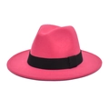 Detailed texture of rose red felt fedora hat with wide black ribbed ribbon band - M (56-58cm) / Rose Red