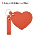 Orange red heart-shaped leather mirror keychain with strap and gold metal ring - Strap Style / Orange Red
