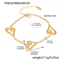 Bracelet coeur en acier poli montrant les dimensions de la chaîne et des pendentifs - Bracelet Coeur Doré (TXE267)