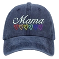 Detail of washed cotton denim baseball cap featuring Mama embroidery and rainbow hearts - Washed Blue - Rainbow Heart