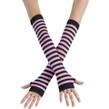 Pink and black striped long fingerless knit gloves with thumb holes for cosplay - Fingerless Gloves with Thumb Hole / Black Pink Stripes