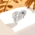 Silver heart shaped zircon stud earring with cross detail and secure screw back closure - White (A336-1)
