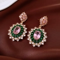 Retro sunflower earrings in gold, pink and green with sparkling crystals and stones - 45# Gold - Pink Green Retro Flower Cluster (Silver Earring Post)