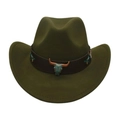 Detail of green felt cowboy hat with leather band, bull head ornament, and floral embroidery - Army Green (Bronze Bull)