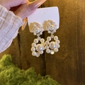 Elegant floral cluster pearl earrings with zircons and gold-plated finish on jewelry card - Gold