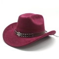Dettaglio cappello jazz in pelle scamosciata bordeaux con fascia in cuoio e rivetti - Rosso Vino (Finta Pelle Scamosciata)