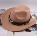 Khaki western cowboy hat with brown leather band and silver bull head metal ornament - Riveted Bull Head / Camel