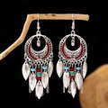 Bohemian silver drop earrings with red enamel and vibrant multi-color beads - Antique Silver + Red Half Moon (E5837-1/Red)