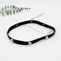 Detail showing a black velvet choker with gold studs and adjustable snap fastener buckle - Black Gold Stud Choker Style (8)