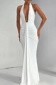 Robe longue dos nu blanche élégante avec col en V profond et drapé central raffiné - S / Blanc