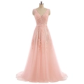 Elegant pale pink V-neck sleeveless lace embroidery and tulle A-line floor-length evening gown - S / Pink