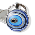 Close-up of a circular evil eye keychain pendant with classic blue and gold glass pattern - Radiant Gold Eye (JY006346-8)