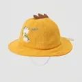 Dettaglio cappello pescatore in cotone giallo zenzero con ricamo dinosauro e lacci - Taglia Bambino Regolabile / Giallo
