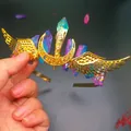 Macro detail of golden wing wings and gradient blue crystal pillars on fantasy crown - Pink Blue Crystal + Gold Wing Moon