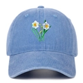 Close-up of intricate flower embroidery on blue washed cotton vintage baseball cap - Light Blue
