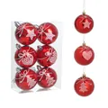 6-piece set of red mirrored Christmas balls with white star and heart patterns, 6cm diameter - 6-Piece Set / 6CM Red Christmas Ball