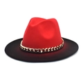 Chapeau fedora classique bicolore en laine avec couronne rouge, bord noir et chaîne dorée - M (56-58cm) / Rouge + Noir