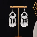 Ethnic bohemian silver leaf tassel earrings with multi-layered teardrop pendants - Silver Precision Hollow Ring Water Drop Tassel Style (E6073-16)