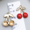 Red cherry and gold metal charms with rhinestones for DIY earring jewelry making - Half Side Rhinestone Cherry (23406)